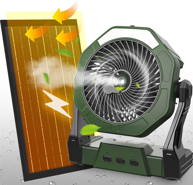 Ausic 10W Solar Fan with Mister, Misting Camping Fan with Solar Panel, Portable Outdoor Fans, 8 Inch Battery Operated Rechargeable Cooling Fans with Water Spray for Travel/Beach/Chicken Coop - Image 1